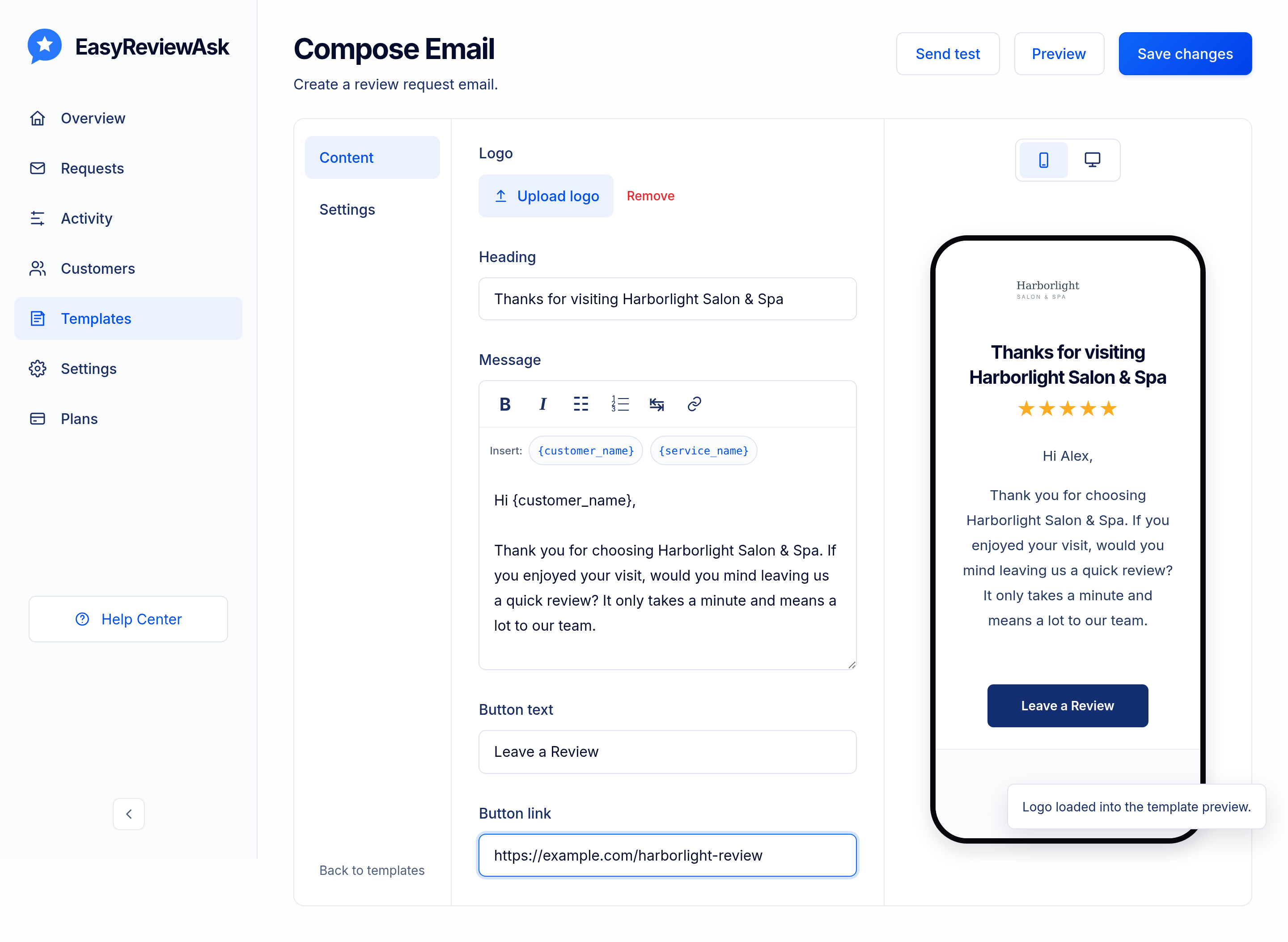 Email template editor with fields for logo, heading, message, and button text next to a live preview of the merchant-branded review-request email.